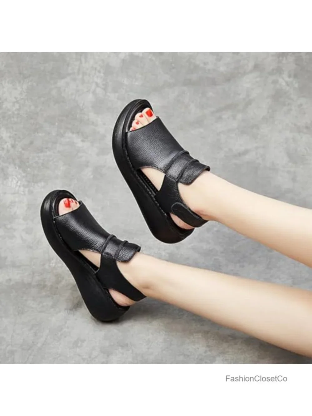 Women's Hook Loop Slingback Wedge Platform Sandals, Cowhide Leather Casual Peep